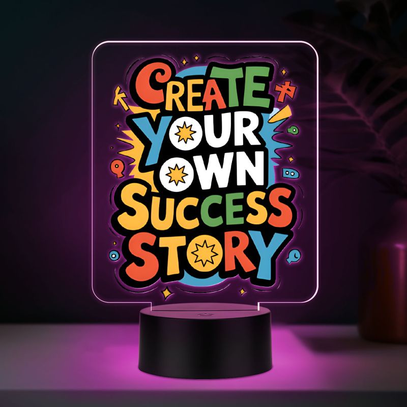 Motivational Create Your Own Success Story Quote Printed LED Desk Table Light with Automatic Color Changing Frame Inspirational Gift for Students, Friends, Men & Women